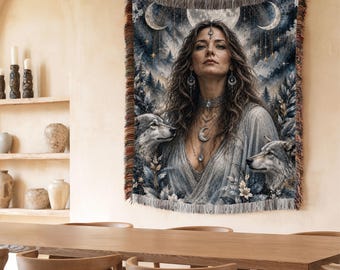 Luna Moon Goddess Woven Blanket, Wolf Tapestry Throw, Celestial Wall Hanging, Pagan Witchy Home Decor, Mystical Wolf Gift