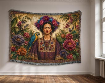 Frida Kahlo Inspired Woven Blanket, Floral Botanical Throw, Parrot Wall Art, Boho Maximalist Home Decor, Art Lover Gift