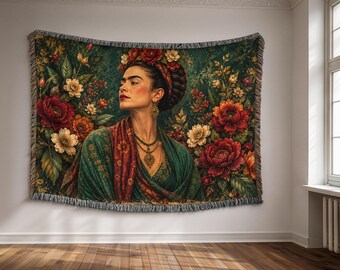 Frida Kahlo Inspired Woven Blanket, Floral Wall Tapestry, Botanical Throw Blanket, Mexican Inspired Home Decor