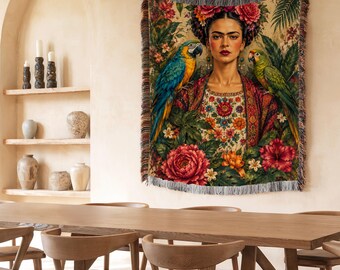 Frida Kahlo Inspired Woven Blanket, Frida with Parrots, Floral Boho Throw, Mexican Inspired Wall Tapestry, Artistic Home Decor