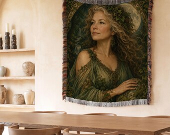 Gaia Mother Earth Woven Blanket, Greek Goddess Throw, Nature Goddess Decor, Tree of Life Tapestry, Pagan Gift, Botanical Wall Art