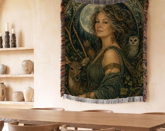 Artemis Goddess Woven Blanket, Greek Mythology Throw, Moon Goddess Wall Tapestry, Forest Witch Decor, Woodland Gift