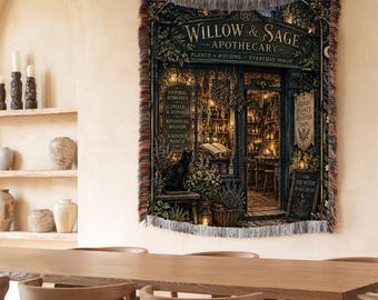 Willow & Sage Apothecary Woven Blanket, Witchy Botanical Wall Tapestry, Black Cat, Herbal Magic Decor