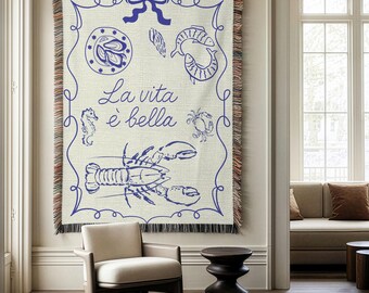 La Vita È Bella Woven Blanket, Italian Summer Decor, Mediterranean Lobster Blanket, Coastal Wall Art, Italy Lover Gift