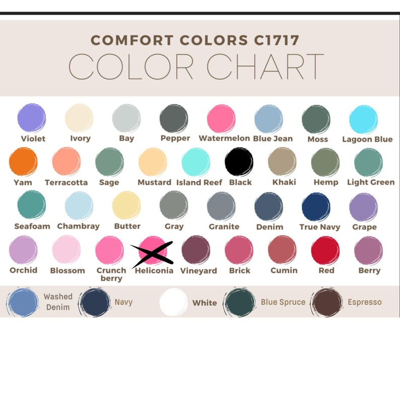 May include: Color chart featuring a variety of Comfort Colors C1717. The chart displays a range of colors, including violet, ivory, bay, pepper, watermelon, blue jean, moss, lagoon blue, yam, terracotta, sage, and mustard.