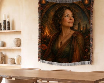 Brigid Celtic Goddess Woven Blanket, Irish Mythology Tapestry, Pagan Wall Hanging, Goddess of Fire, Witchy Home Decor