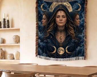 Hecate Woven Blanket, Greek Goddess Wall Tapestry, Triple Goddess Decor, Raven Moon Blanket, Pagan Witchy Home Decor