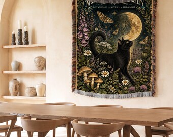 Moonlight Garden Society Woven Blanket, Black Cat Moon Blanket, Dark Botanical Throw, Cottagecore Wall Tapestry