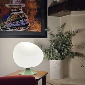 Hand Blown Glass Table Lamp: Mint Green Metal Base, Modern Scandinavian Design
