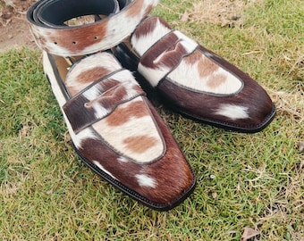 Handmade Original Cowhide Loafers – Genuine Hair-on Leather Slip-On Shoes, With & Without Matching Belt