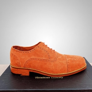Handmade Suede Captoe Oxfords: Men&#39;s Orange Tan Leather Dress Shoes