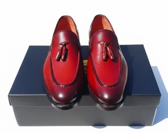 Handmade Burgundy Leather Tassel Loafers: Men's Formal Slip-Ons