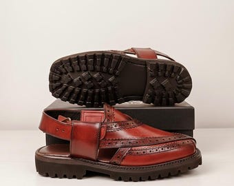 Handmade Leather Chapli Sandals | Rich Burgundy with Vibram Sole | Traditional Pakistani Sandals for Men