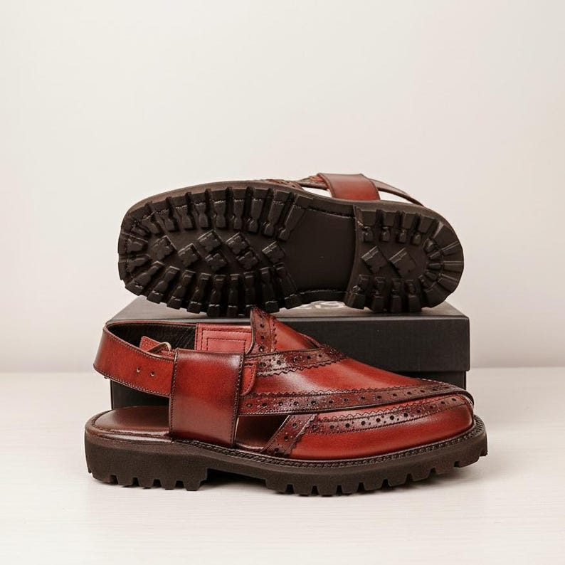 Handmade rich burgundy Chapli sandals with Vibram sole – side view