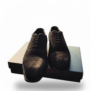 Handmade black suede captoe Oxford shoes with closed-lacing design, crafted for men’s weddings, business wear, and formal occasions.