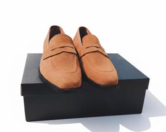 Handmade Camel Suede Loafers | Men’s Casual Slip-On Shoes with Rubber Sole
