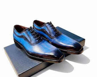 Handmade Blue Leather Oxfords for Men | Classic Formal Dress Shoes