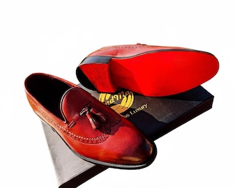 Handmade Tassel Brogue Moccasin Loafers – Burgundy Leather Men’s Shoes