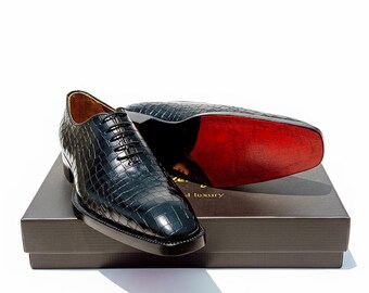 Handmade Croc Embossed Leather Oxfords: Men's Wholecut Dress Shoes