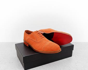 Handmade Suede Captoe Oxfords: Men's Orange Tan Leather Dress Shoes