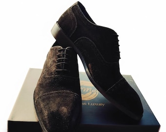 Handmade Black Suede Captoe Oxfords – Classic Men’s Leather Dress Shoes