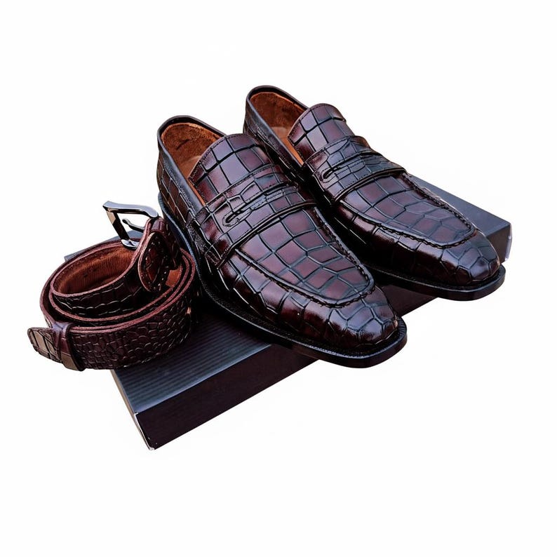 Handmade croc-embossed penny loafers in full-grain leather with optional matching belt, crafted for men’s formal, business, and smart-casual wear.