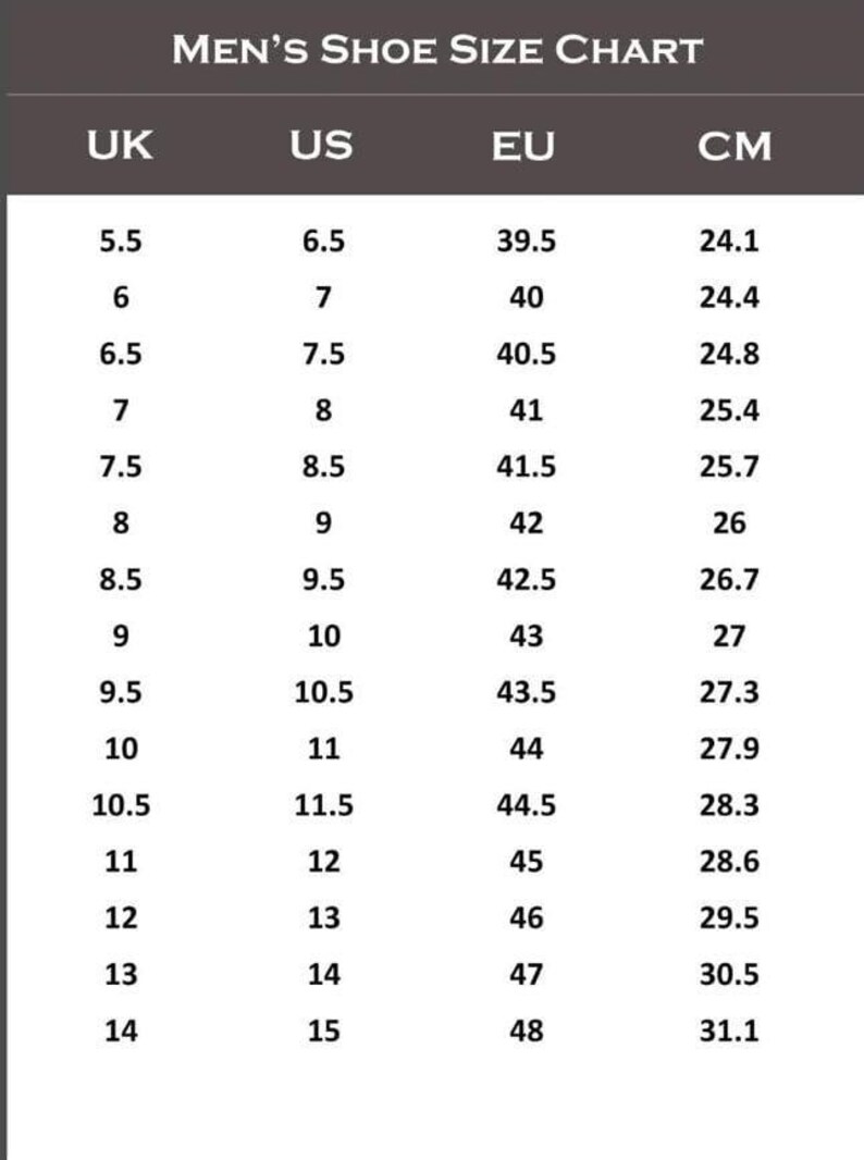 Derby shoes size chart and foot measurement guide for accurate US, UK, EU sizing conversion.