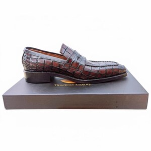 Handmade croc-embossed penny loafers in full-grain leather with optional matching belt, crafted for men’s formal, business, and smart-casual wear.