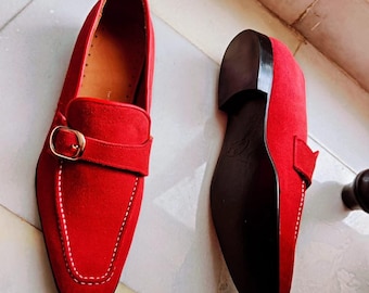 Handmade Red Suede Loafers – Elegant Men’s Slip-On Dress Shoes with Leather Sole