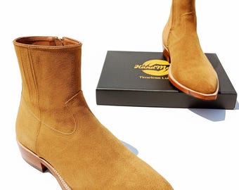 Handmade Cowboy Style Boots – Camel Suede, Gender Neutral Western Boots with Rubber Padded Sole