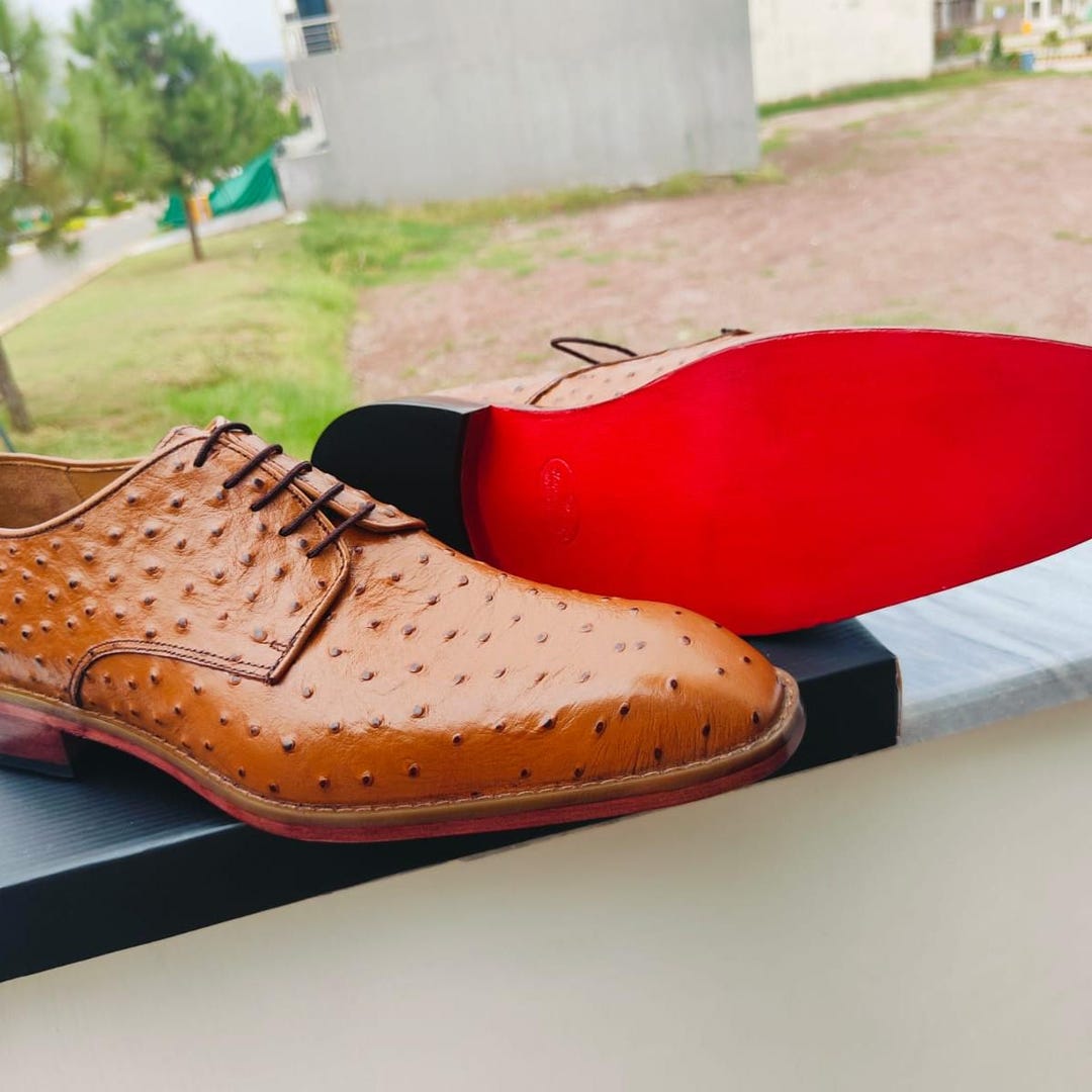 Men\'s Brown Ostrich-Texture Leather Derby Shoes Bespoke Handmade Premium Tan Ostrich Print Leather Derby  main image 3