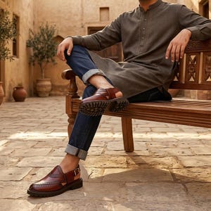 Premium leather Chapli sandals in burgundy – mockup