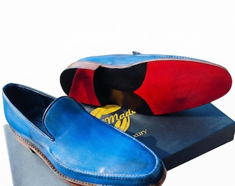 Handmade Blue Leather Loafers – Men’s Stylish Slip-On Casual Shoes