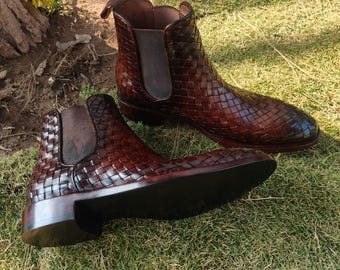 Handmade Woven Leather Boots: Artisan Crafted Unisex Footwear