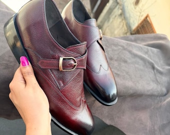 Handgjorda Monkstrap Wingtip-finskor med enkel spänne