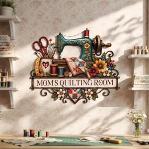Pode incluir: Uma placa decorativa de parede com uma máquina de costura azul-petróleo, tesouras, carretéis de linha e um padrão de acolchoado. A placa exibe o texto "MOM'S QUILTING ROOM" em letras pretas, com motivos florais e um design de coração.