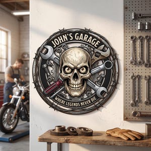 Personalized Garage Metal Wall Art, Custom Skull Mechanic Sign, Wrench and Tool Decor for Man Cave, Workshop and Motorcycle Garage