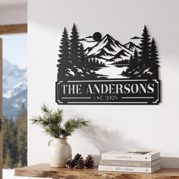 Custom Mountain Cabin Metal Sign, Personalized Last Name Pine Tree Wall Decor