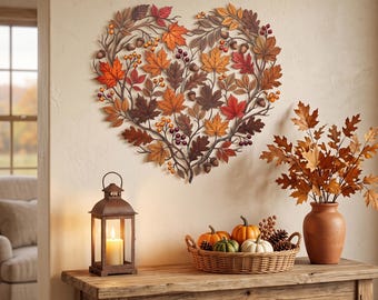 Corona de metal con forma de corazón y motivos otoñales, arte mural con hojas de otoño, adorno botánico rústico para colgar, decoración de cosecha para el hogar, acento natural de temporada.