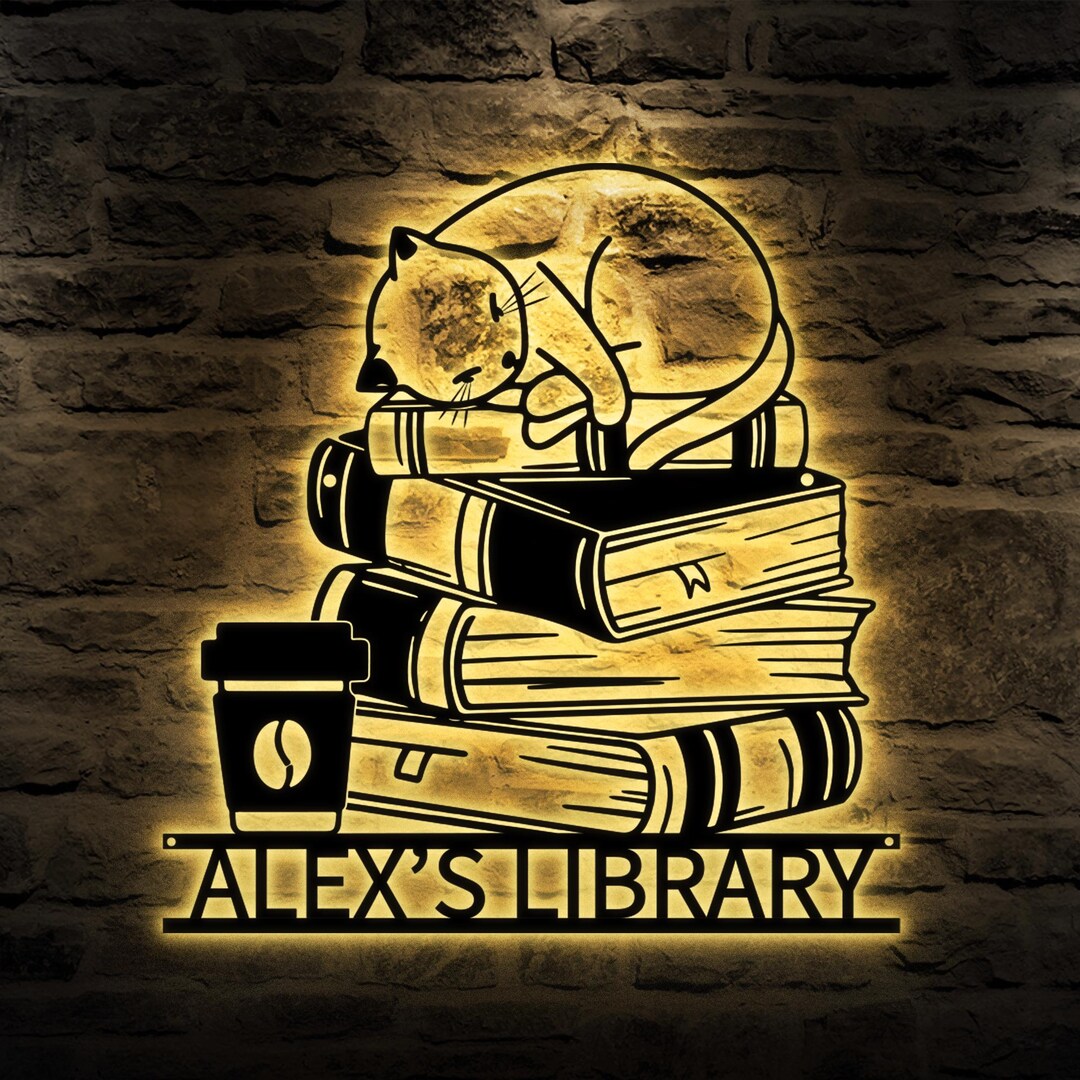 Custom Library Metal Sign With LED Lights, Cat on Books Decor - Etsy