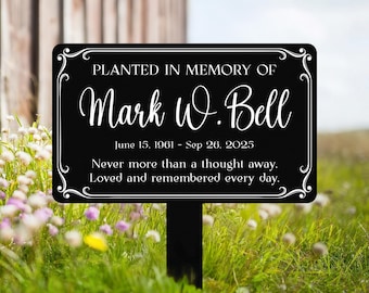 Puede incluir: Una estaca de jardín conmemorativa negra con texto blanco. El letrero dice "PLANTED IN MEMORY OF Mark W. Bell 15 de junio de 1961 - 26 de septiembre de 2025 Never more than a thought away. Loved and remembered every day."