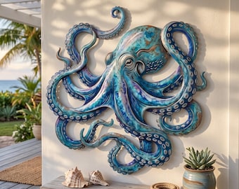 May include: A wall-mounted octopus sculpture featuring a vibrant blue and teal finish with metallic undertones. The octopus has eight curved tentacles with visible circular suction cups, a textured mantle, and detailed eye markings on a light-colored wall.