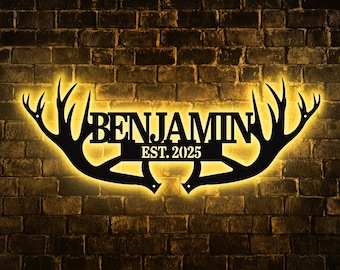 Custom Deer Antler Metal Sign with Personalized Family Monogram for Decor