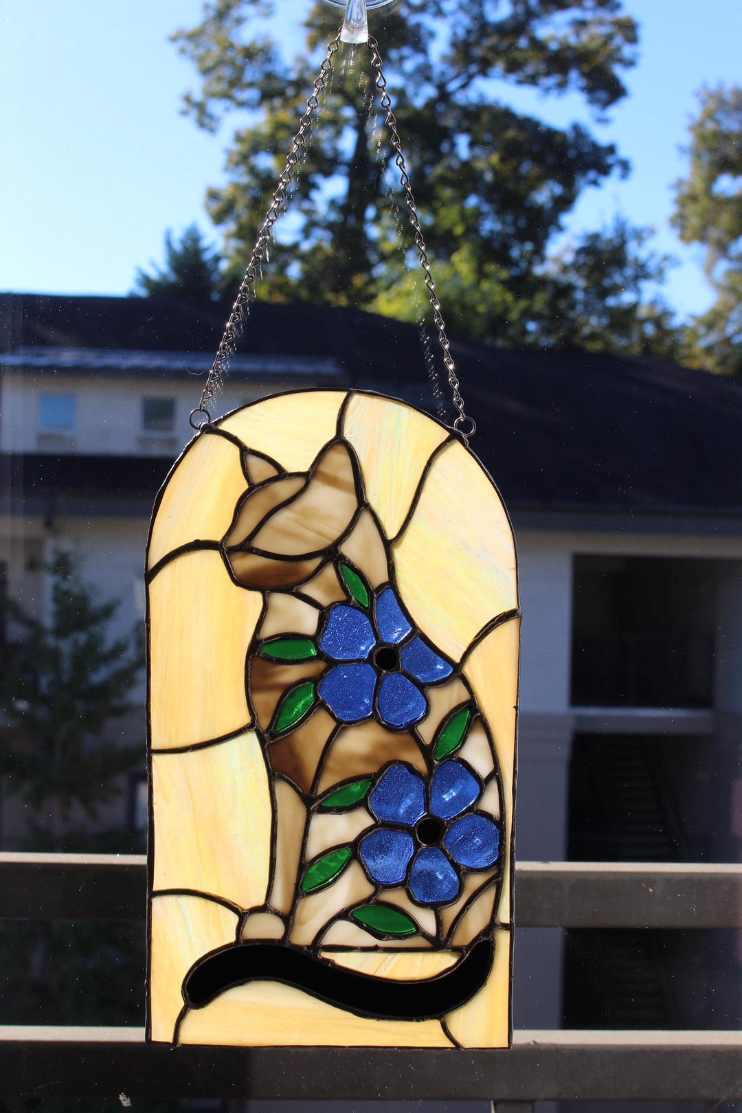 Stained Glass Cat With Flowers Handmade 13 X 7 Inches Blue and Yellow ...
