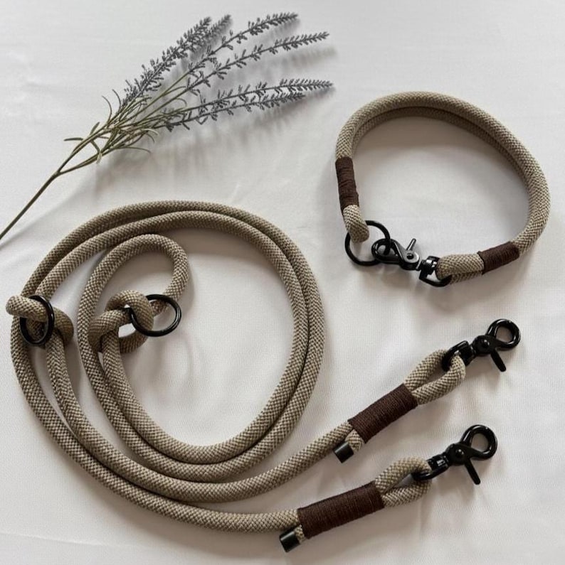 May include: A tan rope dog leash, collar, and two leash extensions with black metal hardware. The collar and leash extensions have brown accents. The items are arranged on a white surface with a sprig of lavender.