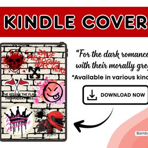 May include: Kindle cover featuring a brick wall design with graffiti art, including a red skull, flags, and a crown. The text "KINDLE COVER" is at the top, and a download button is visible.