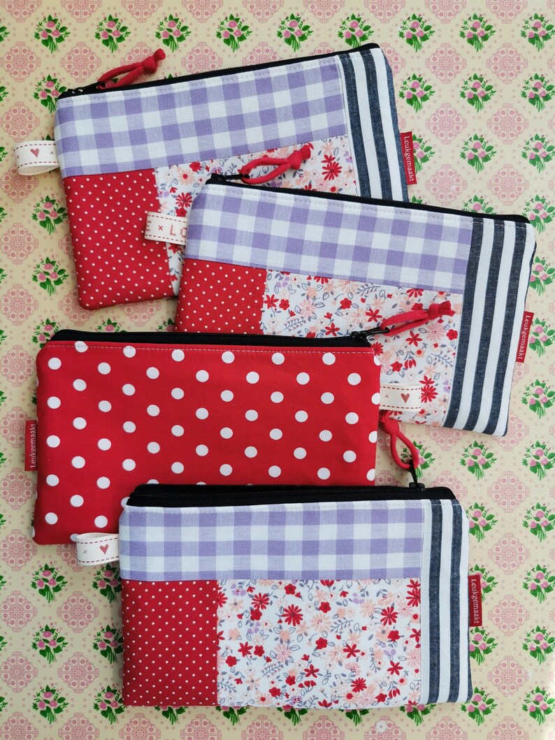 Patchwork Pencil Case Pouch Red Pink Zipper Fabric Journaling Notebook Knitting Crochet Make-up bag Leukgemaakt Gift Birthday Valentine day image 4