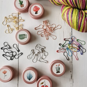 Little storage tin with Stitch markers Calabash pins Light bulb rosé Progress keeper Pink Gold Silver Knitting socks Crochet Mothersday gift image 3