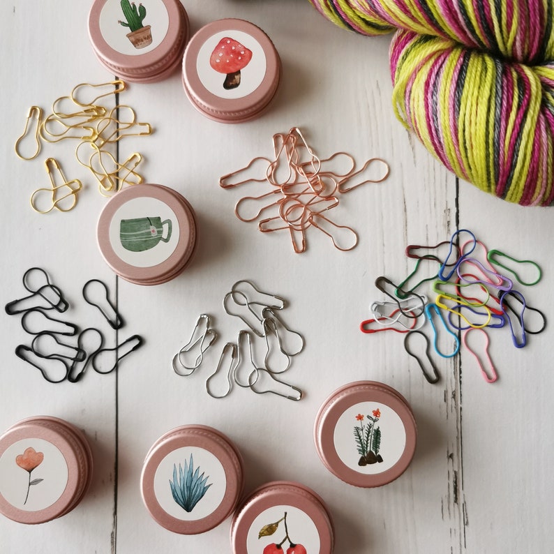 Little storage tin with Stitch markers Calabash pins Light bulb rosé Progress keeper Pink Gold Silver Knitting socks Crochet Mothersday gift image 3