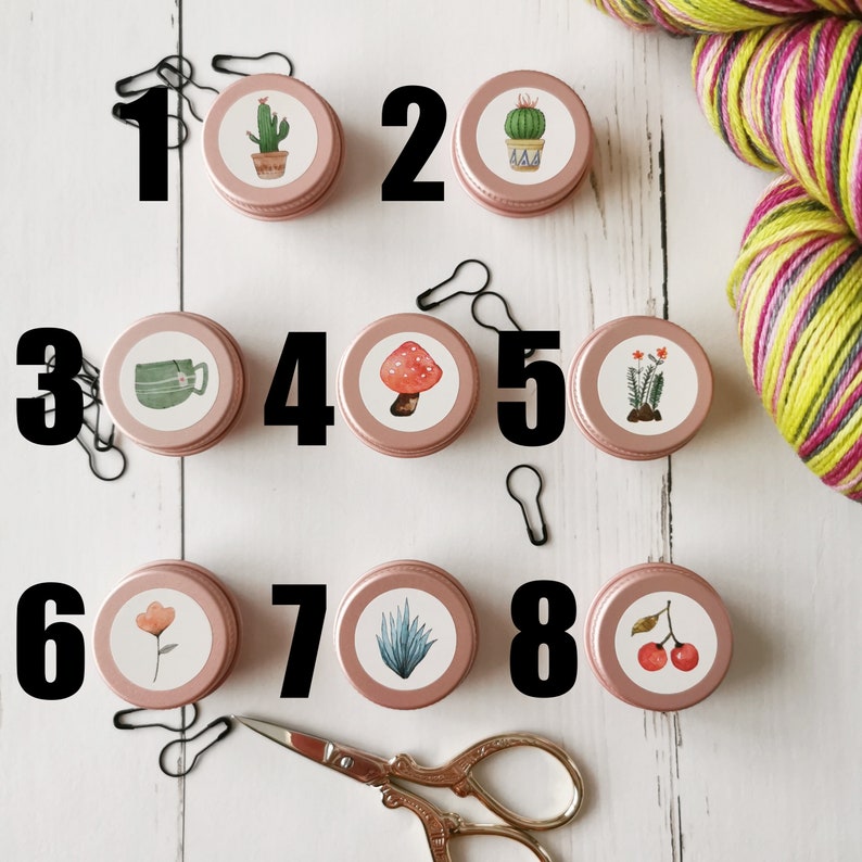 Little storage tin with Stitch markers Calabash pins Light bulb rosé Progress keeper Pink Gold Silver Knitting socks Crochet Mothersday gift image 3